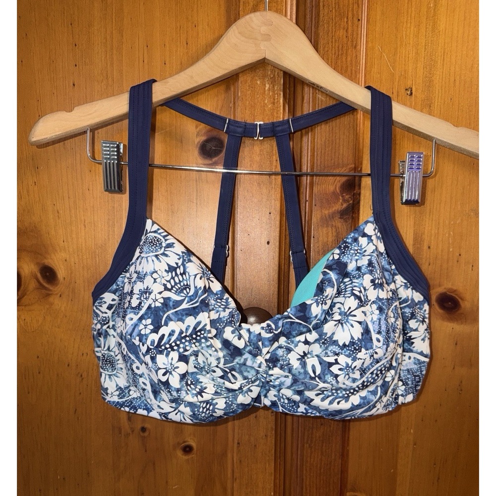 Title Nine Bikini Top Bra Women's 38DD Swimsuit Beach Pool Blue Floral Underwire